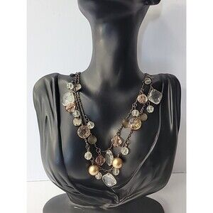 Vintage Premier Designs Layered Boho Necklace Beaded Gold Clear Faceted Jewelry